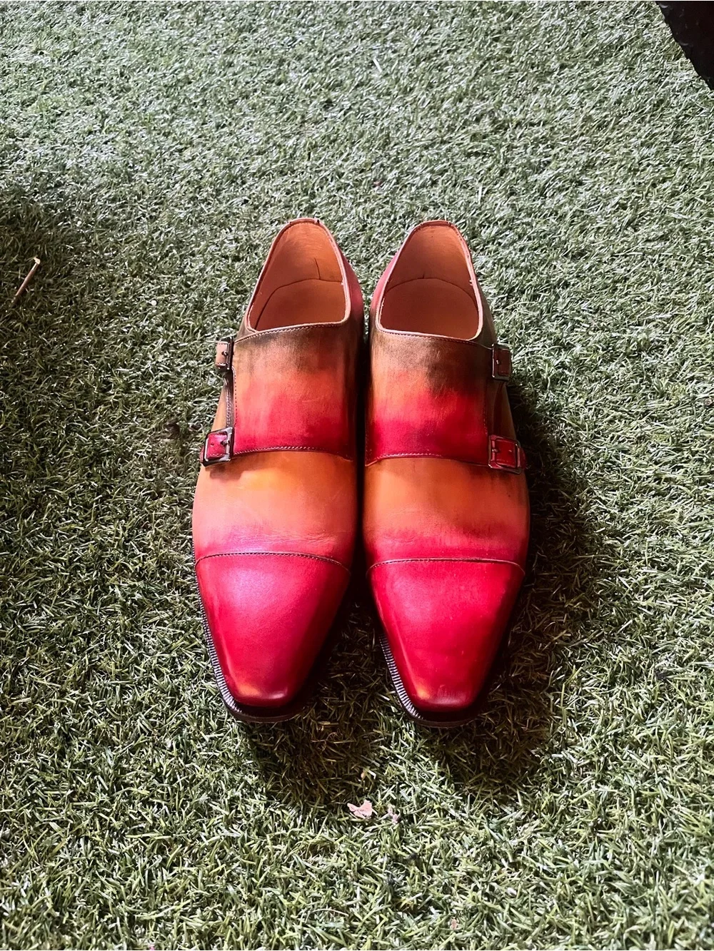 Men's Two-Tone Red Orange Leather Double Monk Shoes